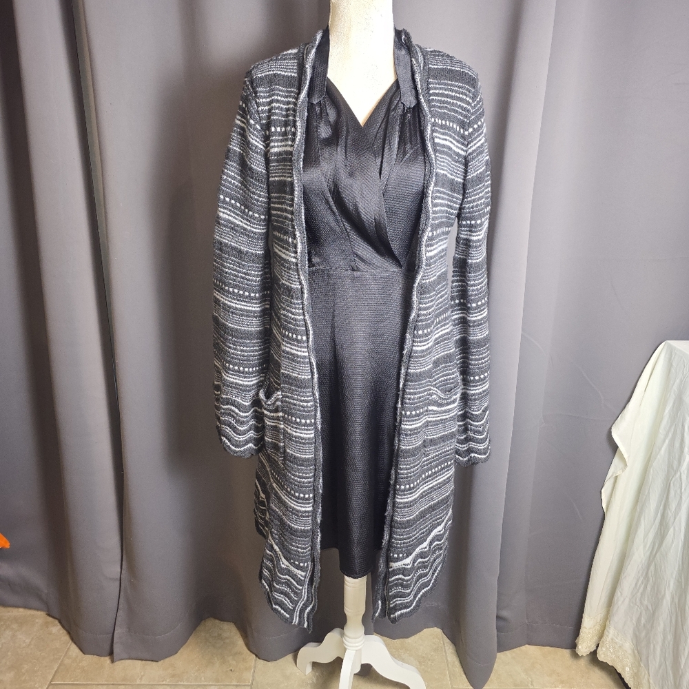 Ellison Open Front Long Cardigan Womens Small Black White Striped Knit